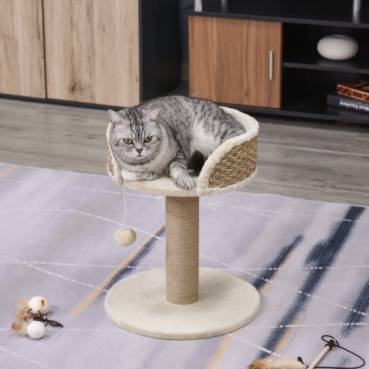 Small Cat Tree with Perch, Scratching Post & Toy - Beige 19"-Cats-DECOROLALA