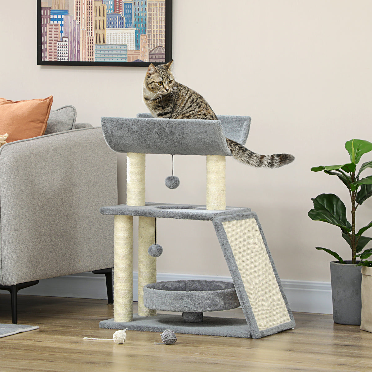 Small Cat Tree with Scratching Posts and Bed - Light Grey 30"-Cat Supplies-DECOROLALA