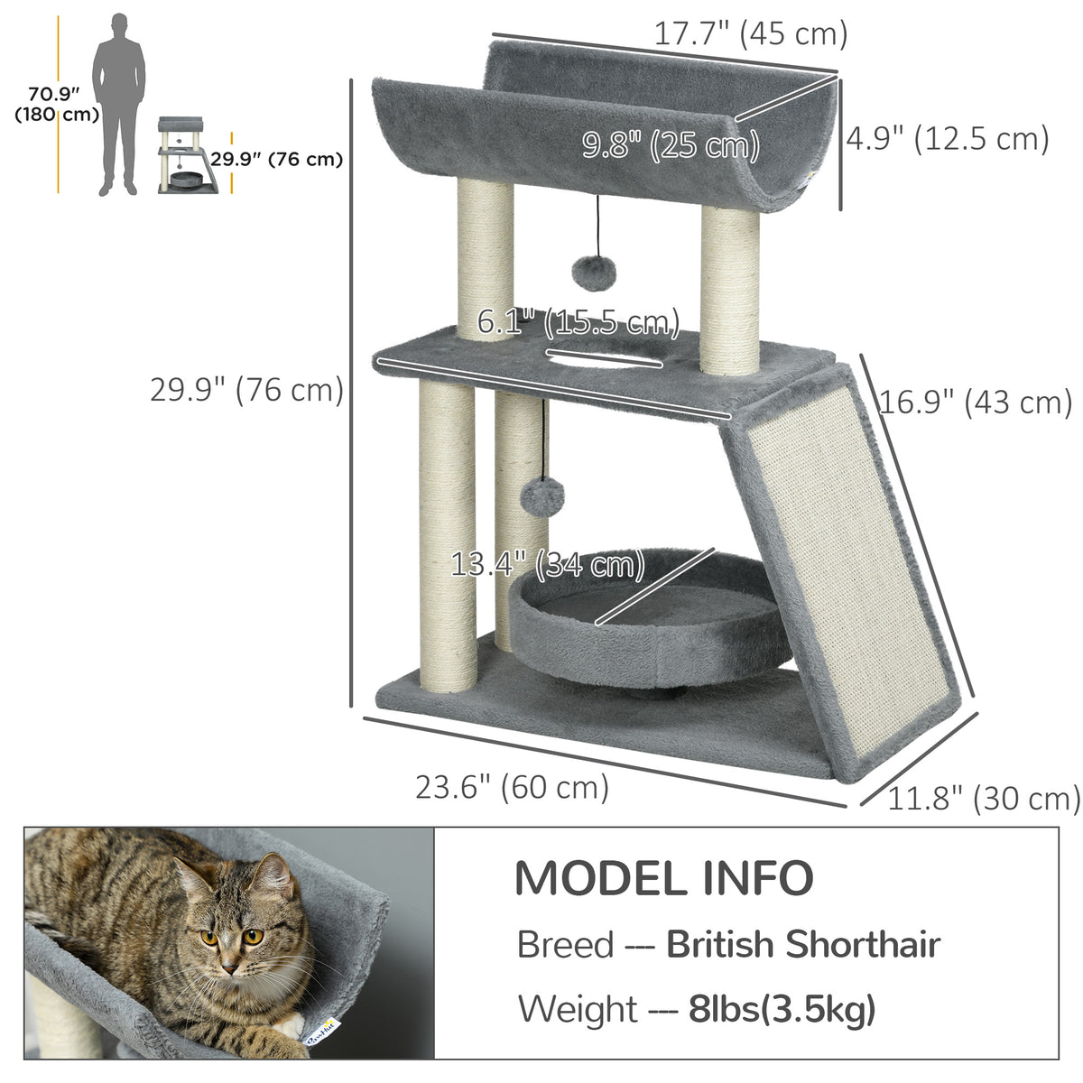 Small Cat Tree with Scratching Posts and Bed - Light Grey 30"-Cats-DECOROLALA