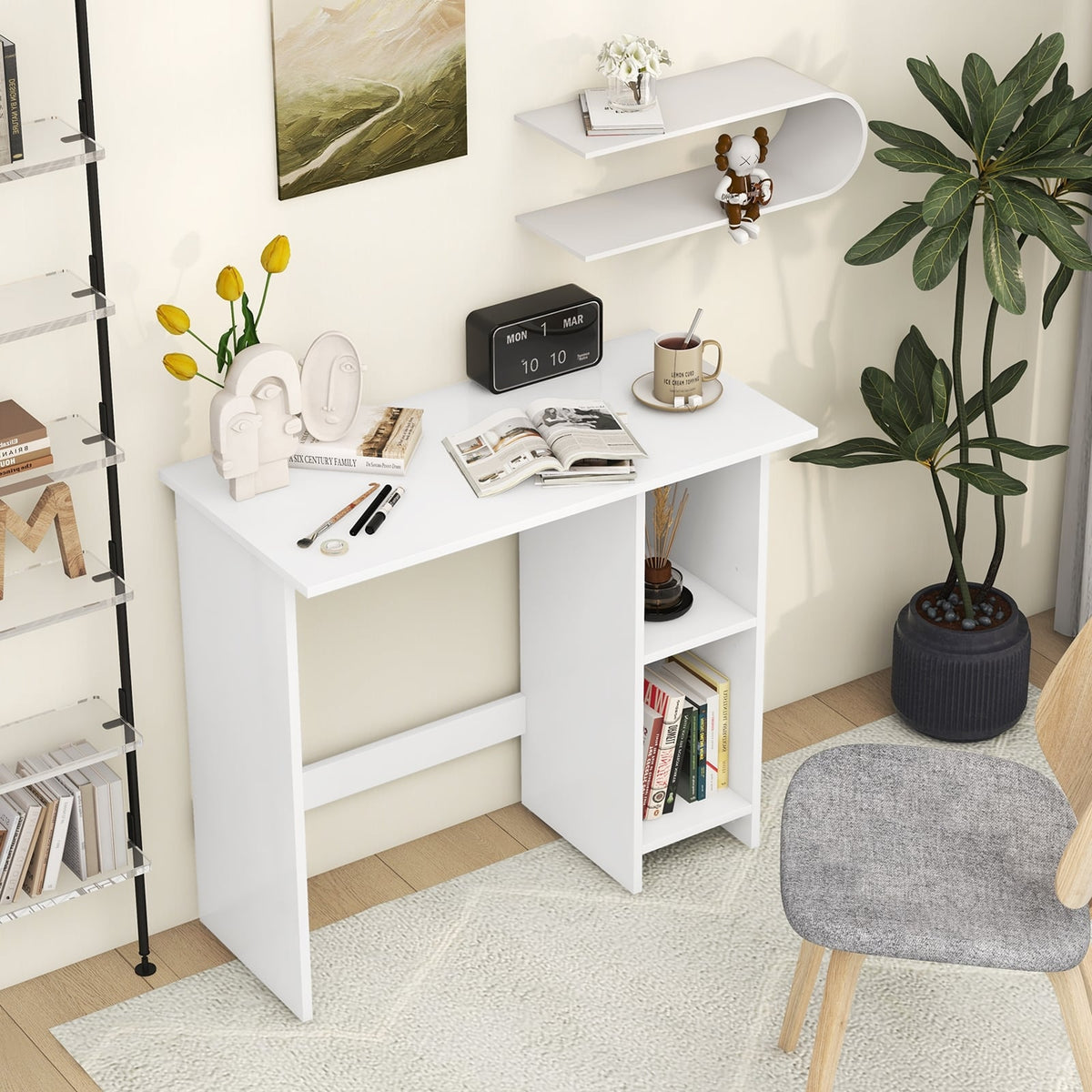 Small Computer Desk with Storage and Adjustable Shelf-White-Writing Desks-DECOROLALA
