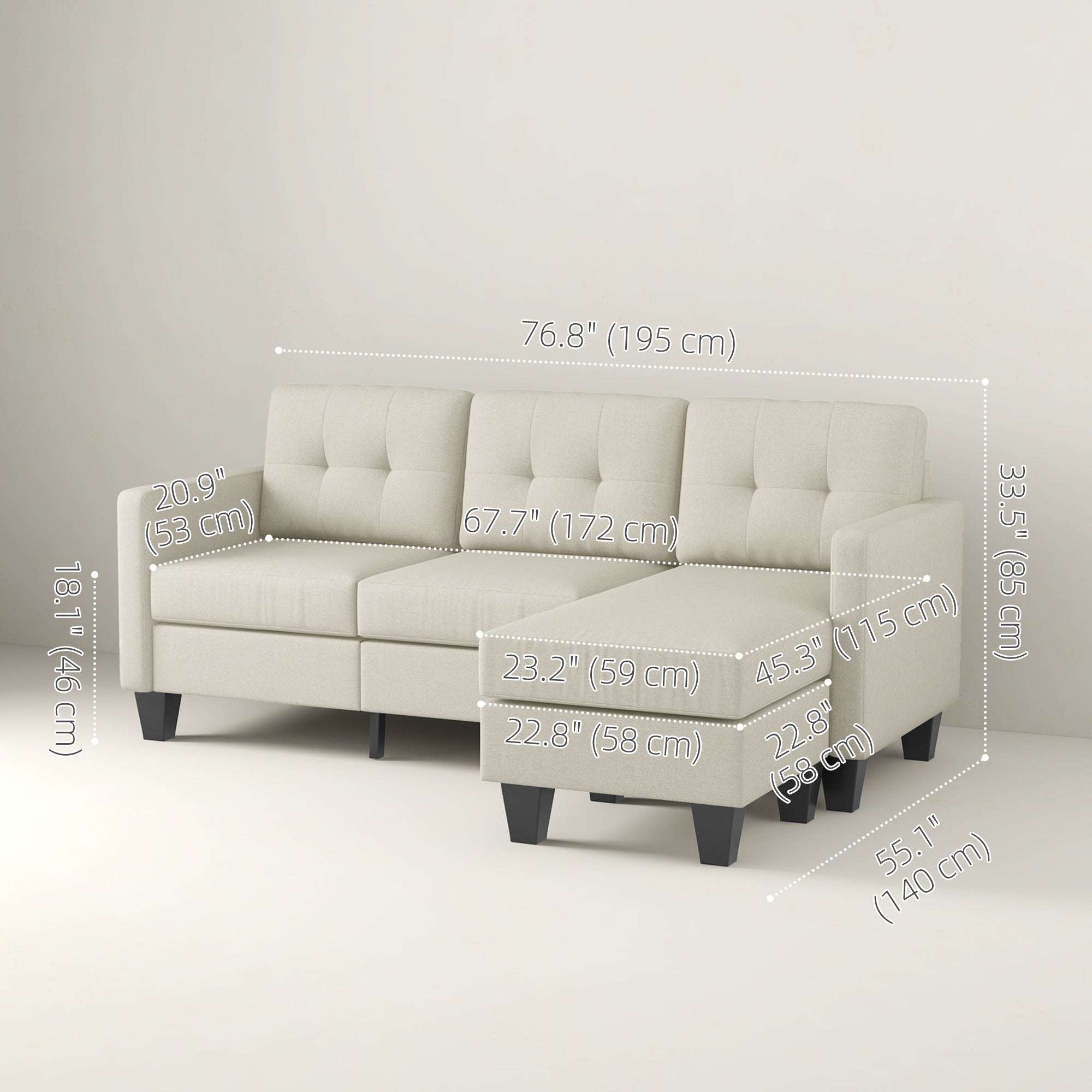 Small Corner Sofa 3 Seater with Ottoman Beige-DECOROLALA