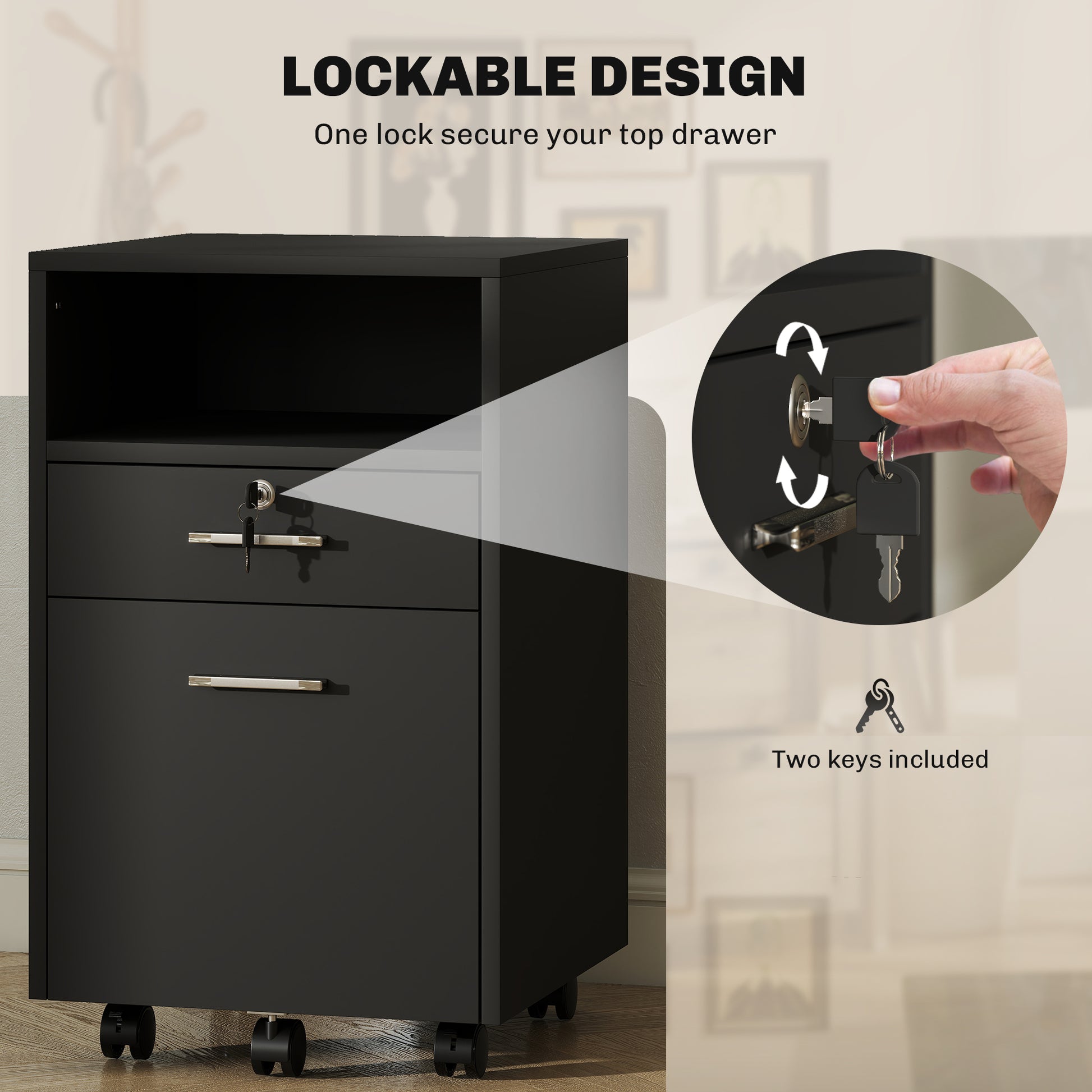 Small Filing Cabinet with 2 Drawers, Lockable Home Office Storage Cabinets on Wheels for A4, Letter Size, Black-Office Products > Office Furniture > Office Cabinets & Cupboards-DECOROLALA