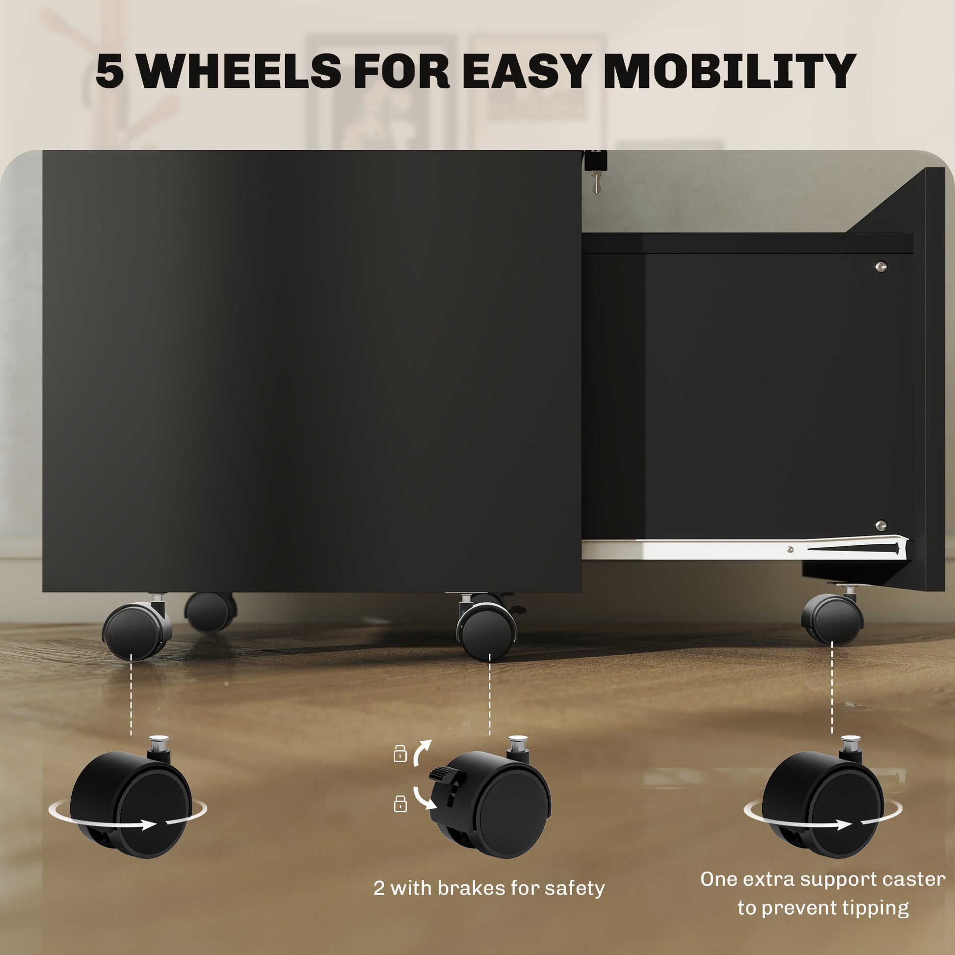 Small Filing Cabinet with 2 Drawers, Lockable Home Office Storage Cabinets on Wheels for A4, Letter Size, Black-Office Products > Office Furniture > Office Cabinets & Cupboards-DECOROLALA