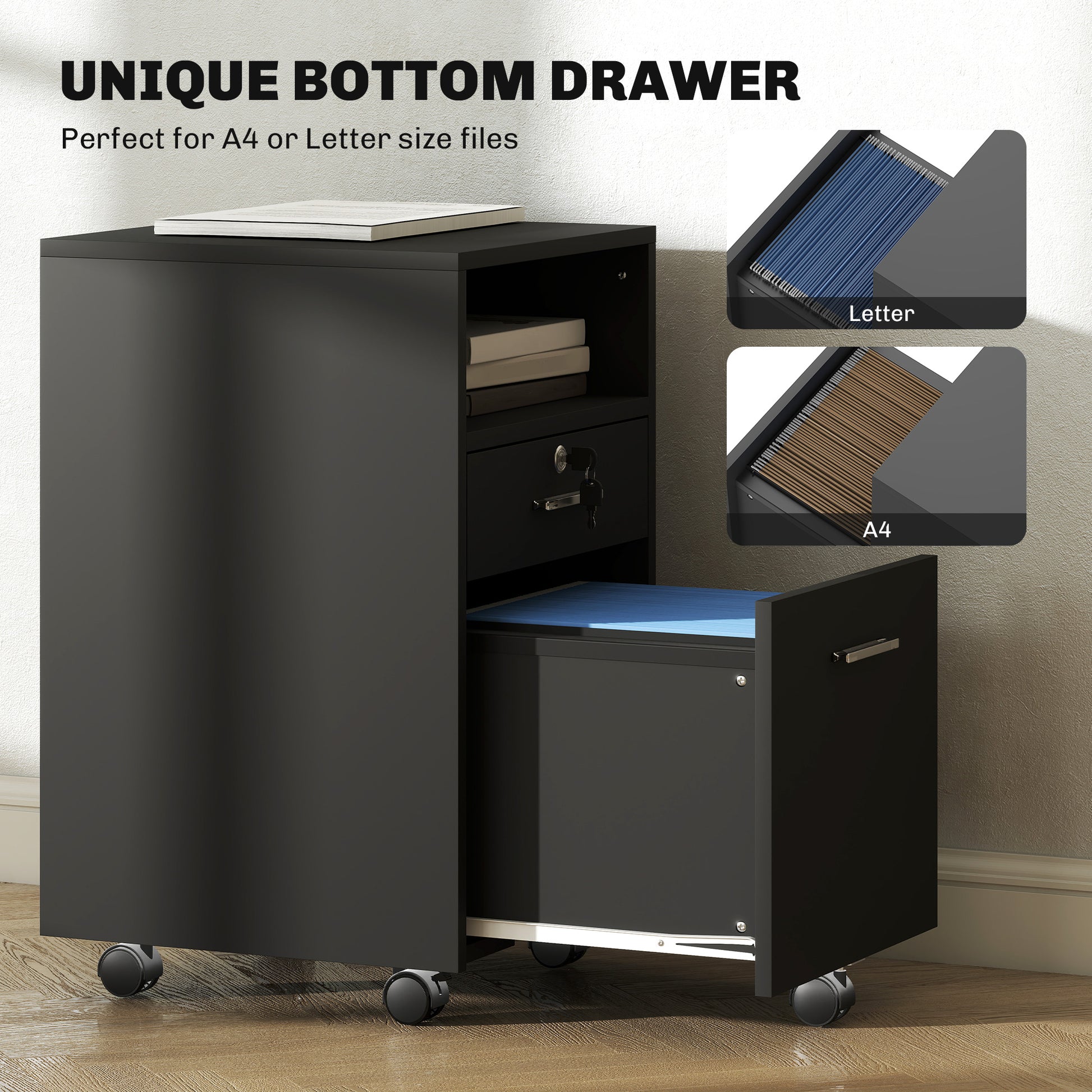 Small Filing Cabinet with 2 Drawers, Lockable Home Office Storage Cabinets on Wheels for A4, Letter Size, Black-Office Products > Office Furniture > Office Cabinets & Cupboards-DECOROLALA