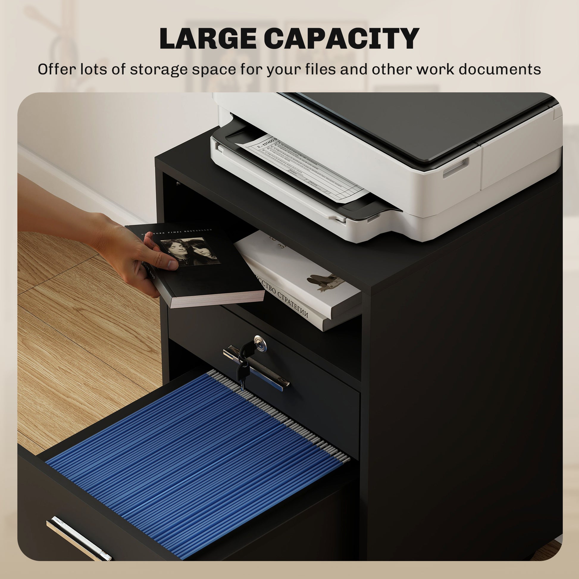 Small Filing Cabinet with 2 Drawers, Lockable Home Office Storage Cabinets on Wheels for A4, Letter Size, Black-Office Products > Office Furniture > Office Cabinets & Cupboards-DECOROLALA