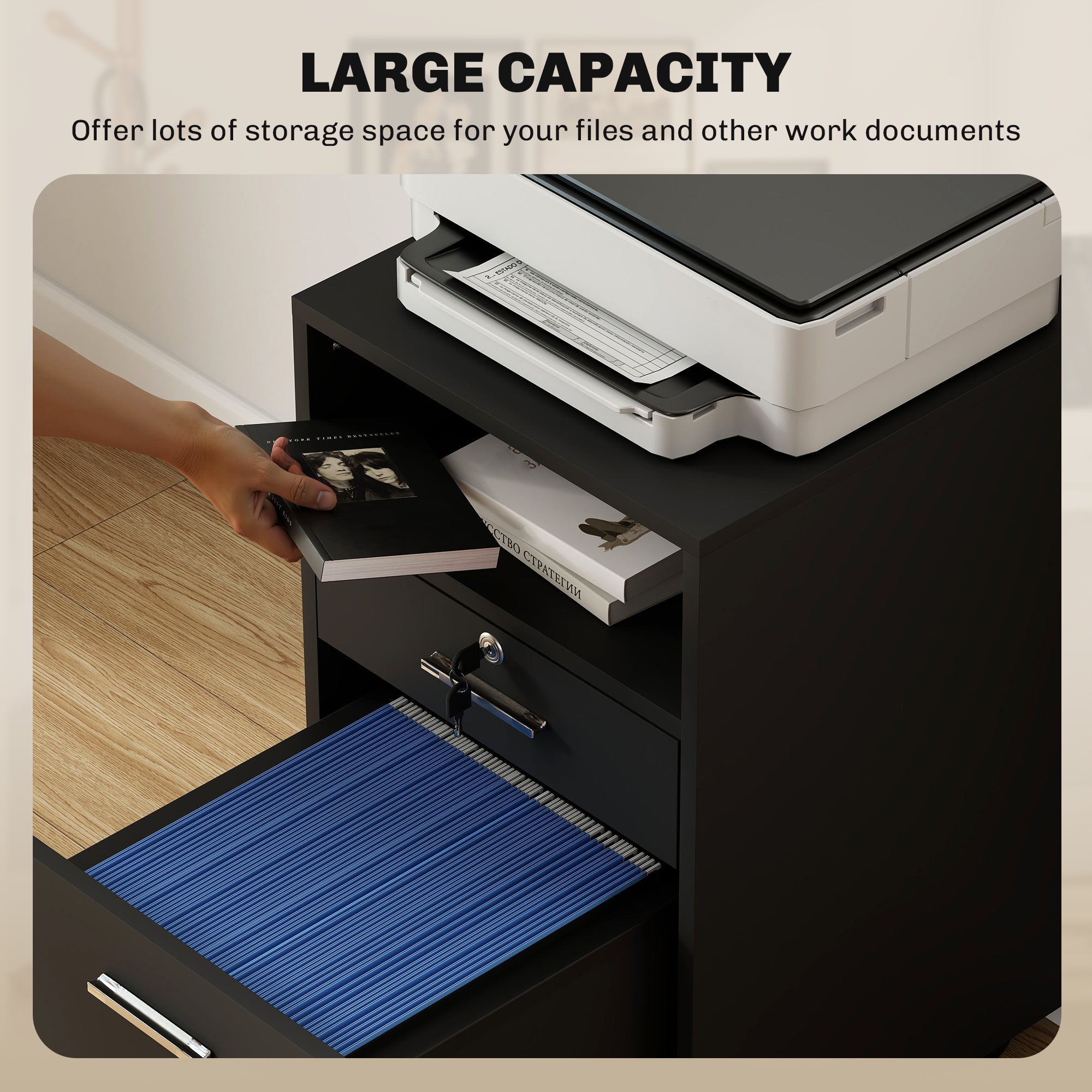 Small Filing Cabinet with 2 Drawers, Lockable Home Office Storage Cabinets on Wheels for A4, Letter Size, Black-Office Products > Office Furniture > Office Cabinets & Cupboards-DECOROLALA