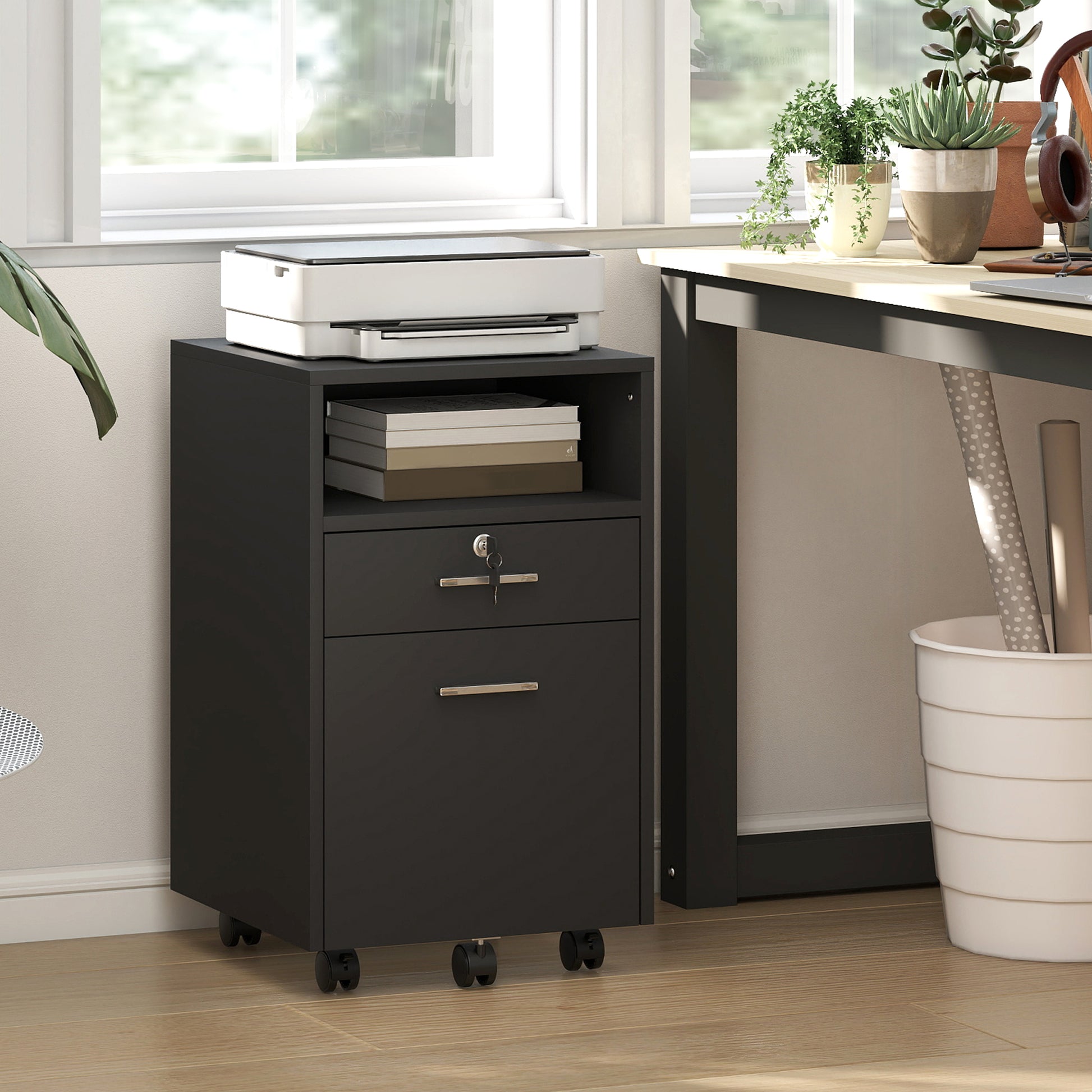 Small Filing Cabinet with 2 Drawers, Lockable Home Office Storage Cabinets on Wheels for A4, Letter Size, Black-Office Products > Office Furniture > Office Cabinets & Cupboards-DECOROLALA