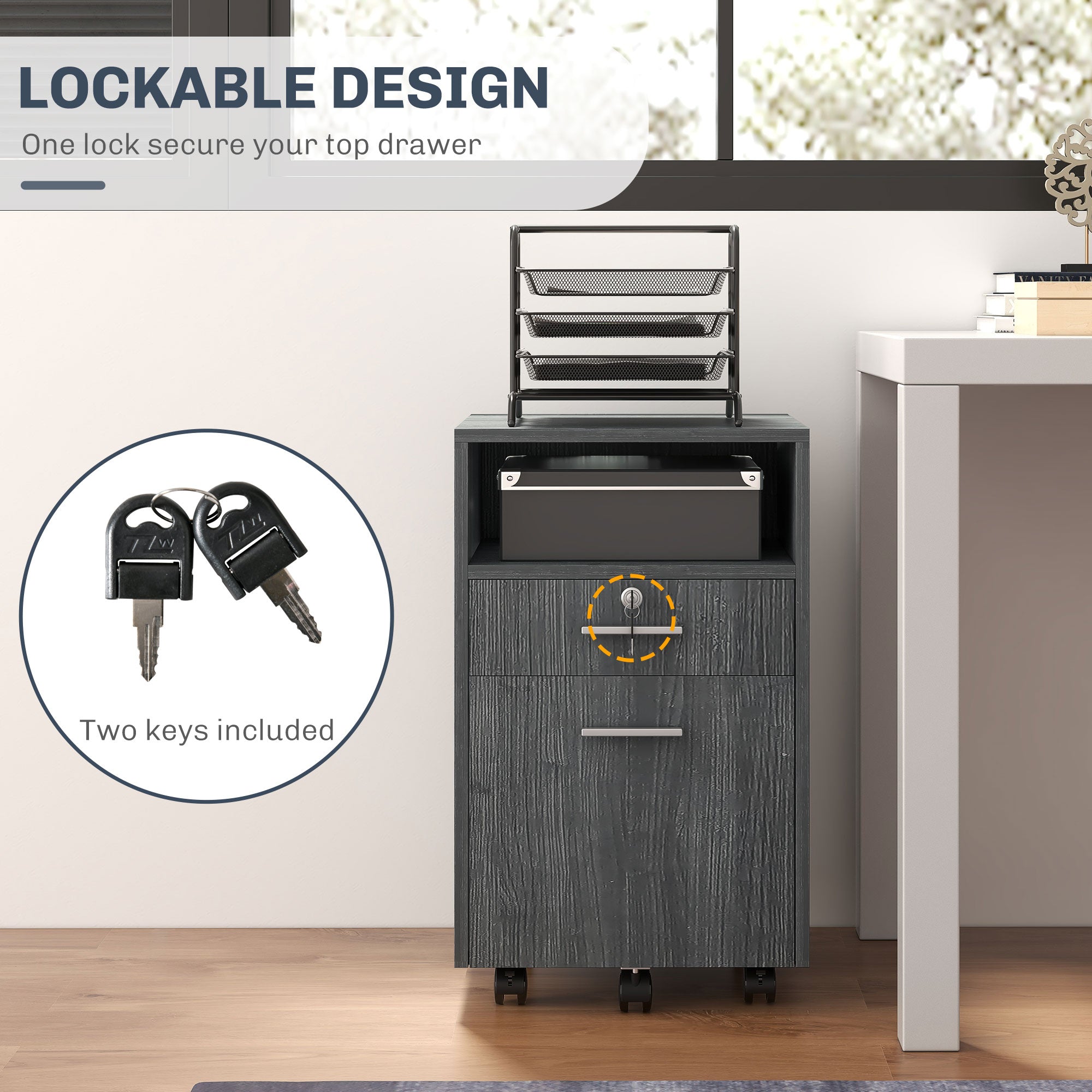 Small Filing Cabinet with 2 Drawers, Lockable Home Office Storage Cabinets on Wheels for A4, Letter Size, Grey-Office Products > Office Furniture > Office Cabinets & Cupboards-DECOROLALA