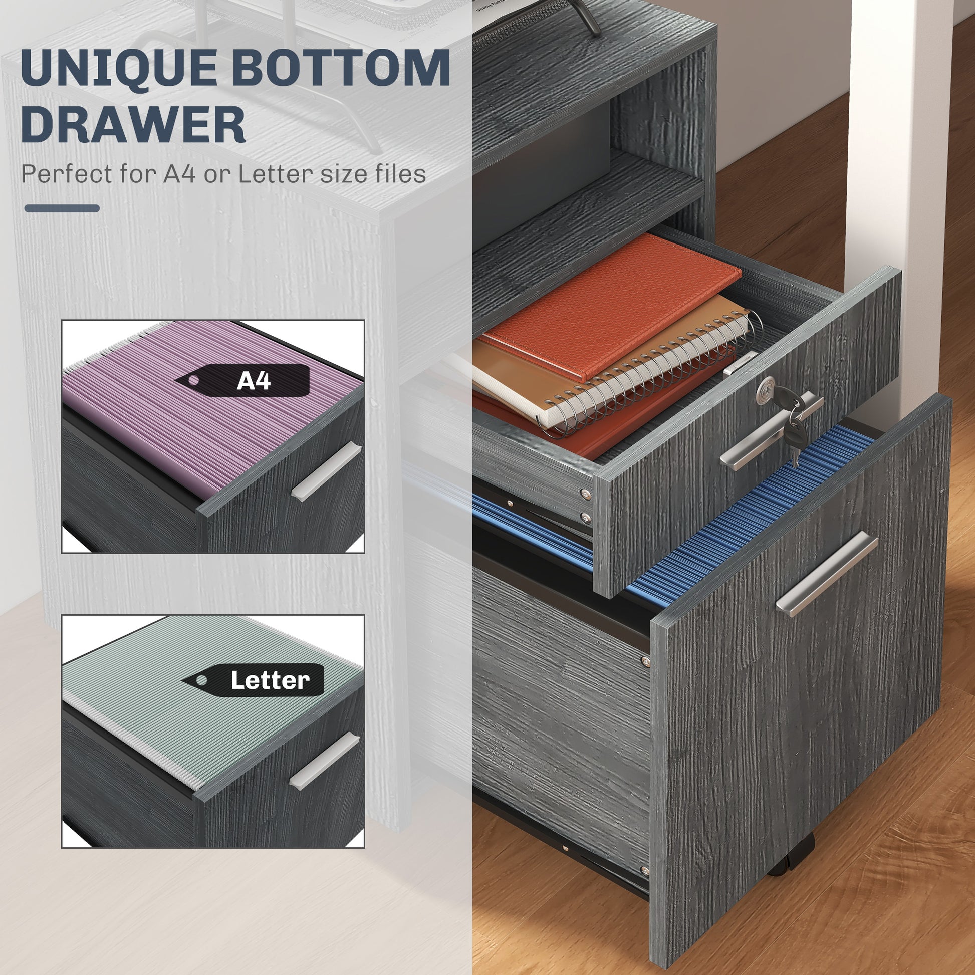 Small Filing Cabinet with 2 Drawers, Lockable Home Office Storage Cabinets on Wheels for A4, Letter Size, Grey-Office Products > Office Furniture > Office Cabinets & Cupboards-DECOROLALA