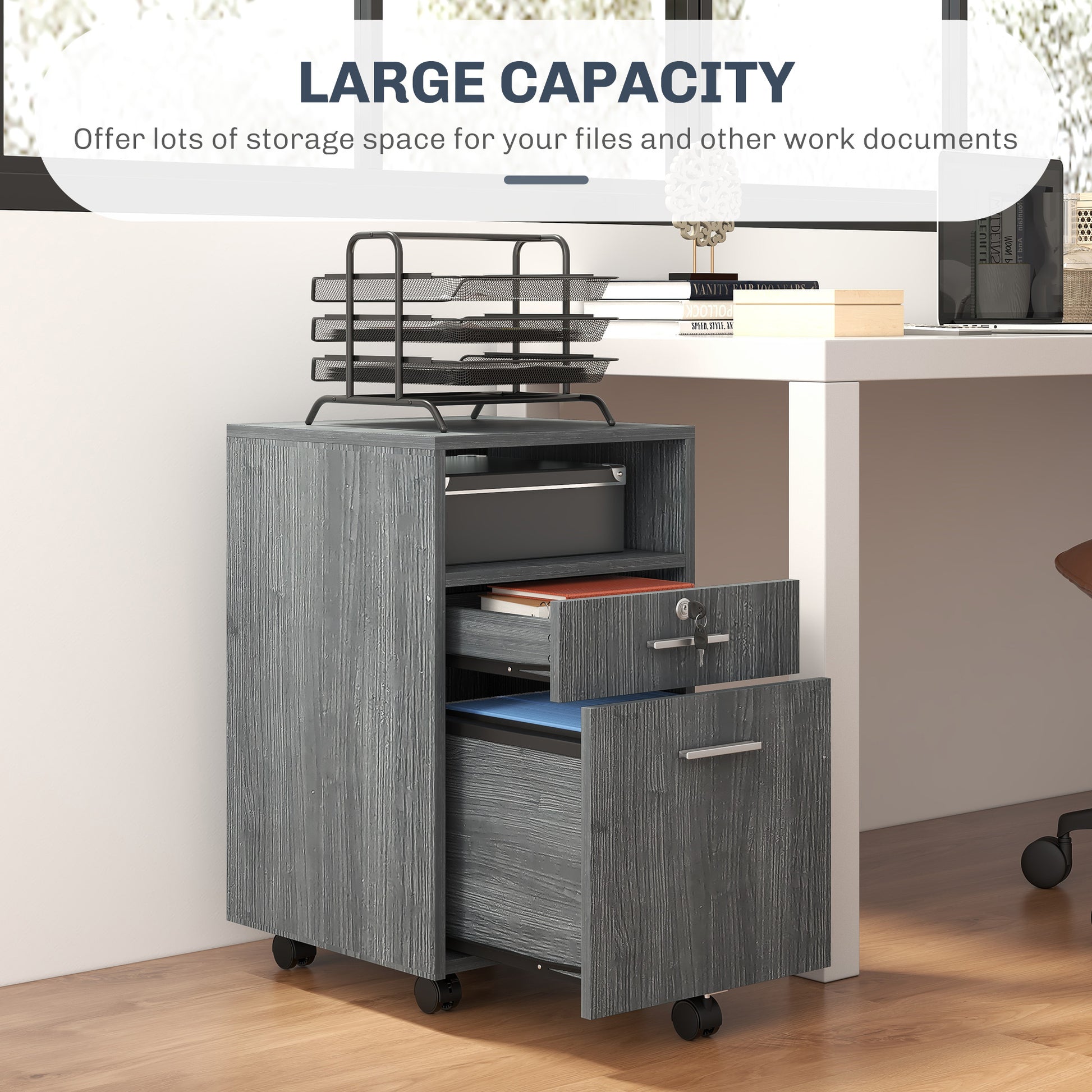 Small Filing Cabinet with 2 Drawers, Lockable Home Office Storage Cabinets on Wheels for A4, Letter Size, Grey-Office Products > Office Furniture > Office Cabinets & Cupboards-DECOROLALA