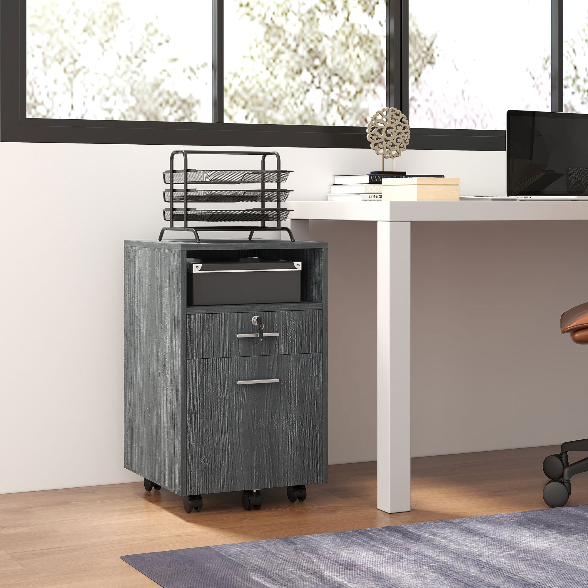 Small Filing Cabinet with 2 Drawers, Lockable Home Office Storage Cabinets on Wheels for A4, Letter Size, Grey-Office Products > Office Furniture > Office Cabinets & Cupboards-DECOROLALA