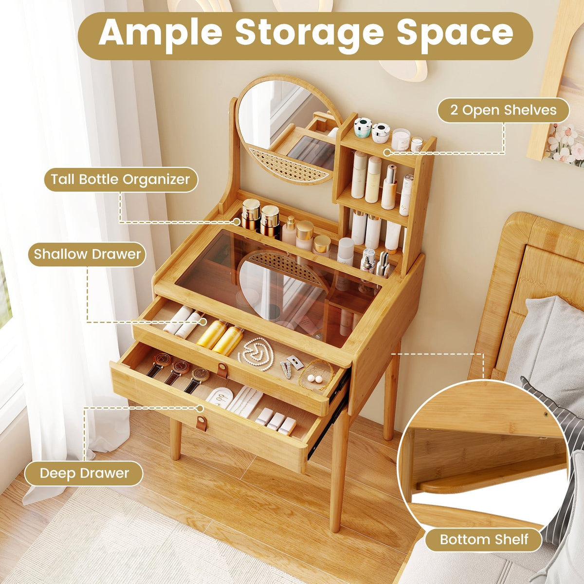 Small Vanity Desk and Stool Set with Mirror and 2 Drawers-Makeup Vanities-DECOROLALA