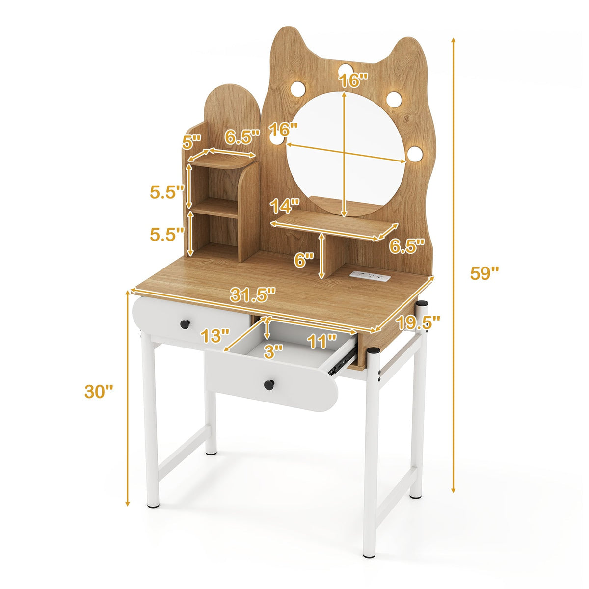 Small Vanity Desk with Mirror and Lights Cute Kitty Makeup Table with Power Outlets-Natural-Makeup Vanities-DECOROLALA