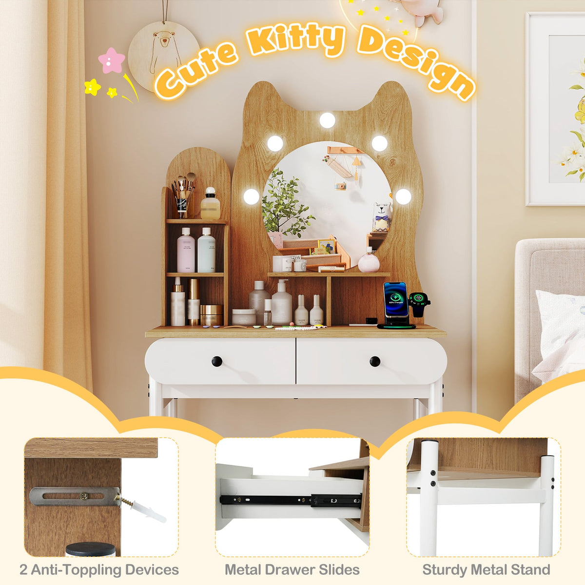 Small Vanity Desk with Mirror and Lights Cute Kitty Makeup Table with Power Outlets-Natural-Makeup Vanities-DECOROLALA