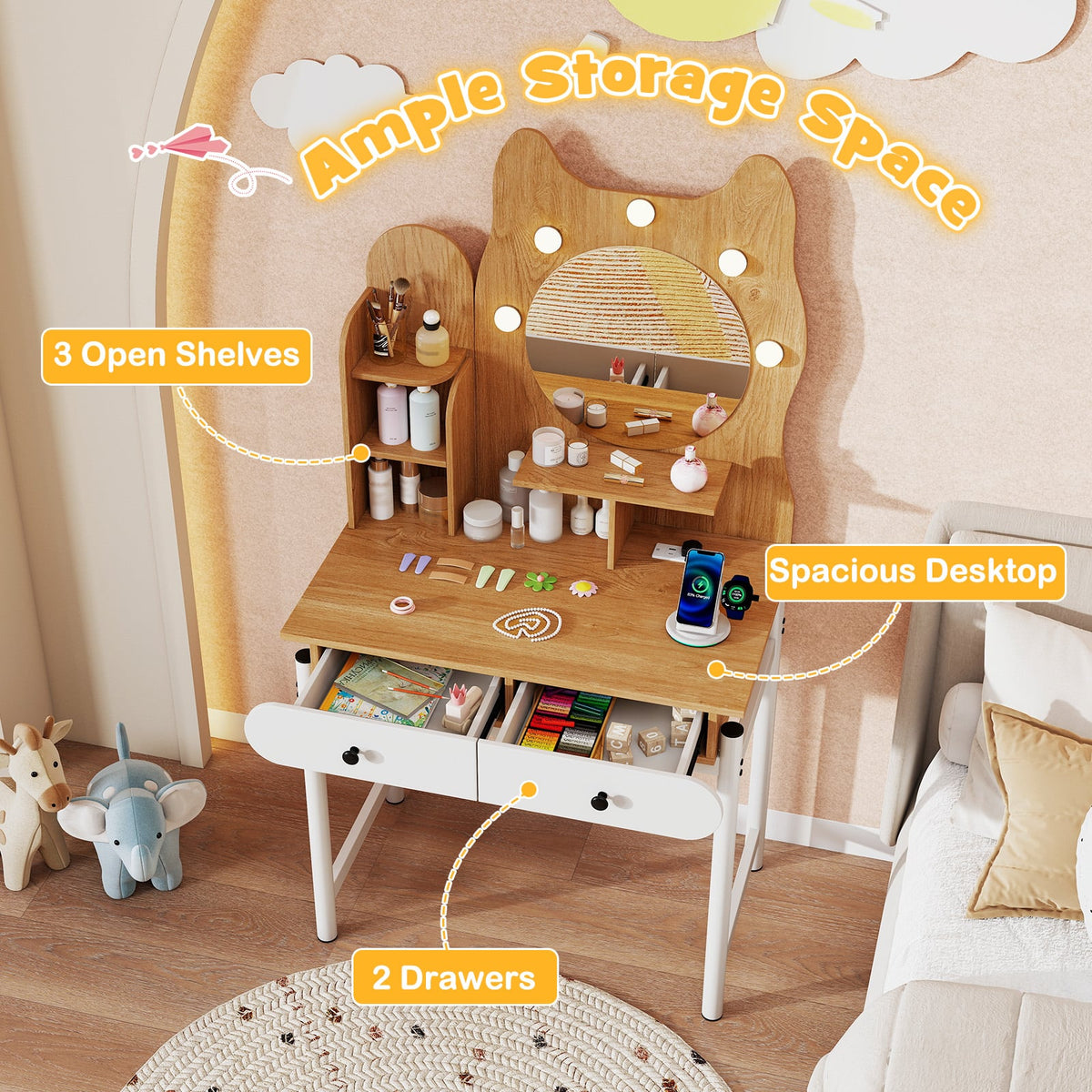 Small Vanity Desk with Mirror and Lights Cute Kitty Makeup Table with Power Outlets-Natural-Makeup Vanities-DECOROLALA