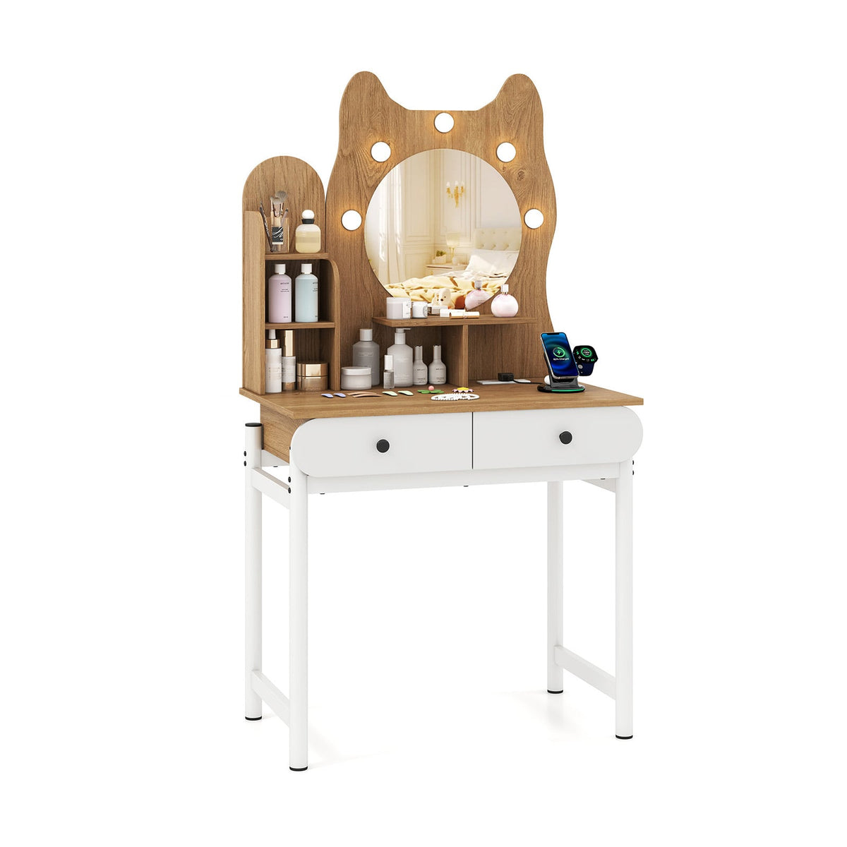 Small Vanity Desk with Mirror and Lights Cute Kitty Makeup Table with Power Outlets-Natural-Makeup Vanities-DECOROLALA