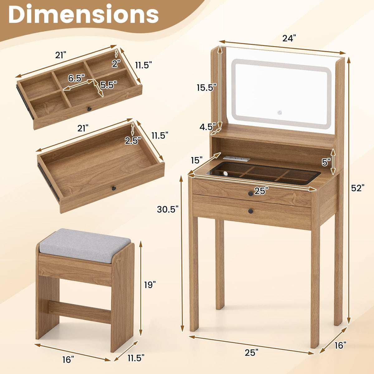 Small Vanity Desk with Mirror and Lights for Bedroom-Natural-Makeup Vanities-DECOROLALA