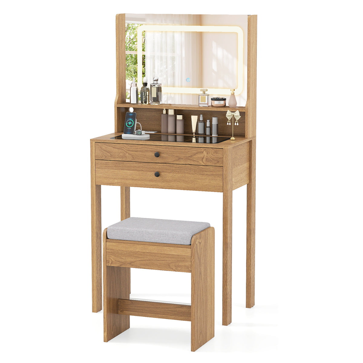 Small Vanity Desk with Mirror and Lights for Bedroom-Natural-Makeup Vanities-DECOROLALA