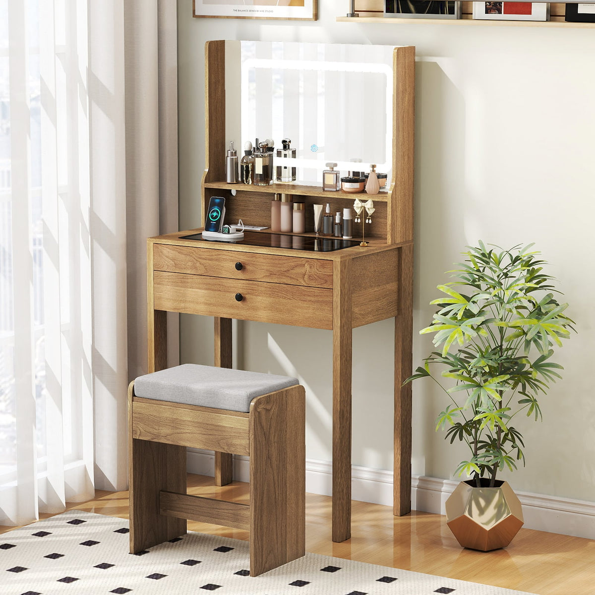 Small Vanity Desk with Mirror and Lights for Bedroom-Natural-Makeup Vanities-DECOROLALA