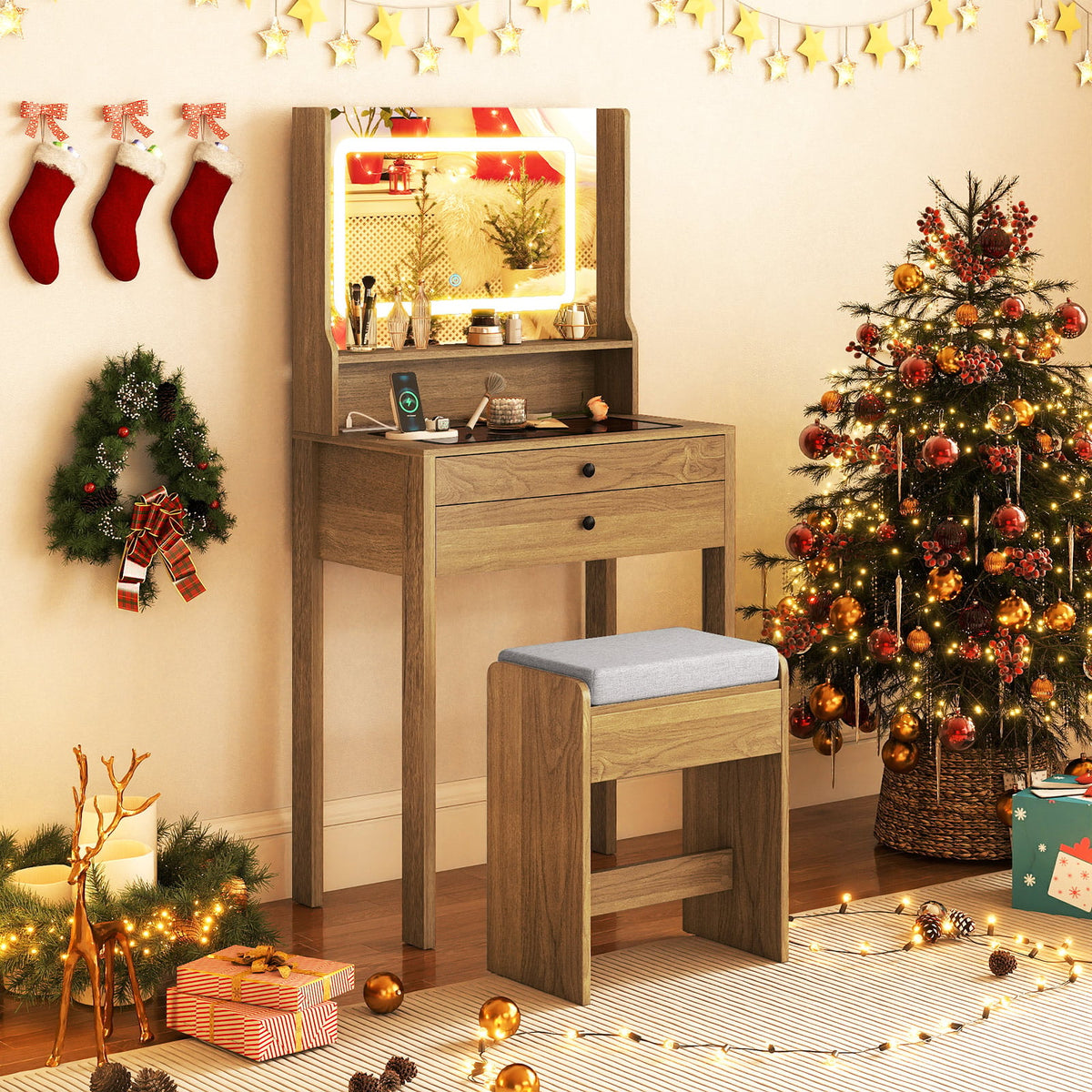 Small Vanity Desk with Mirror and Lights for Bedroom-Natural-Makeup Vanities-DECOROLALA