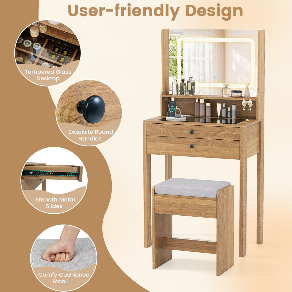 Small Vanity Desk with Mirror and Lights for Bedroom-Natural-Makeup Vanities-DECOROLALA