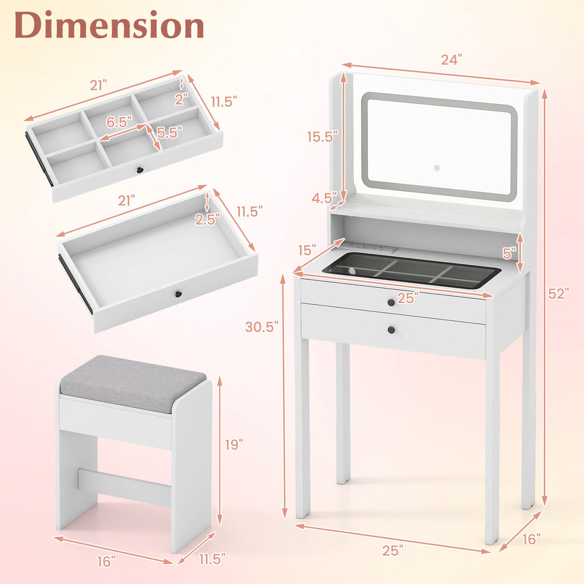 Small Vanity Desk with Mirror and Lights for Bedroom-White-Makeup Vanities-DECOROLALA