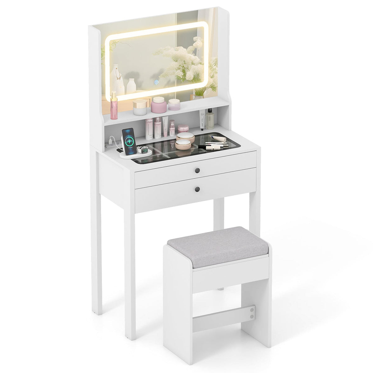 Small Vanity Desk with Mirror and Lights for Bedroom-White-Makeup Vanities-DECOROLALA