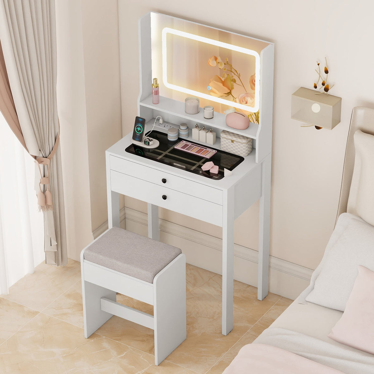 Small Vanity Desk with Mirror and Lights for Bedroom-White-Makeup Vanities-DECOROLALA