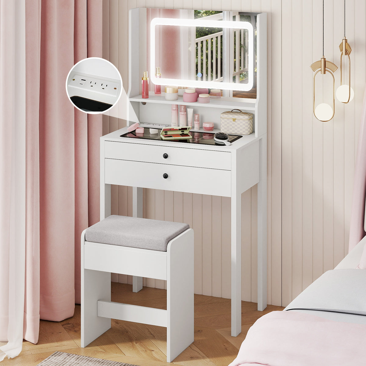 Small Vanity Desk with Mirror and Lights for Bedroom-White-Makeup Vanities-DECOROLALA