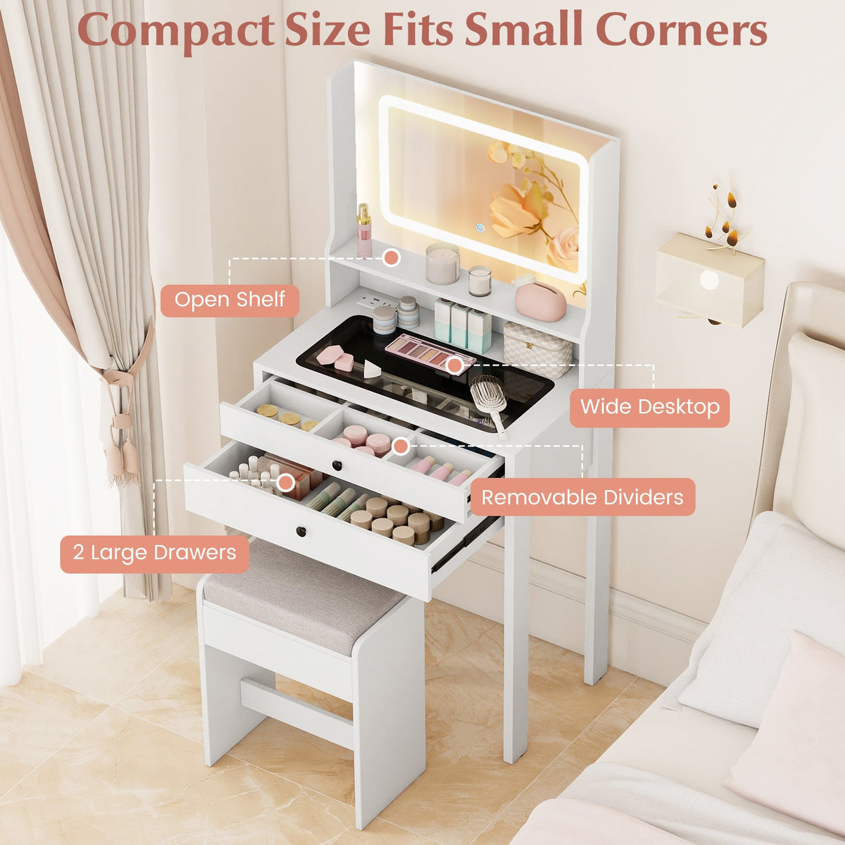 Small Vanity Desk with Mirror and Lights for Bedroom-White-Makeup Vanities-DECOROLALA