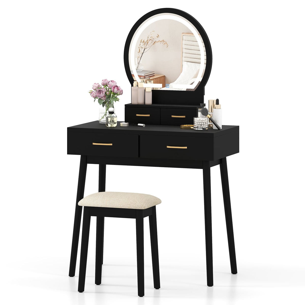 Small Vanity Makeup Dressing Table Set with Cushioned Stool and LED Lighted Mirror-Black-Makeup Vanities-DECOROLALA