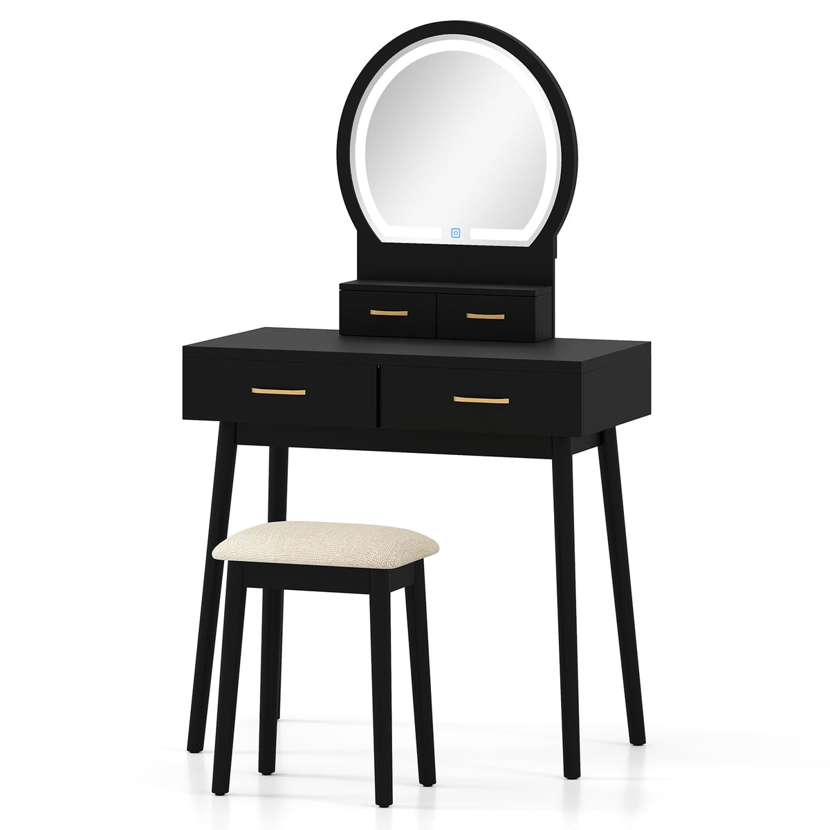 Small Vanity Makeup Dressing Table Set with Cushioned Stool and LED Lighted Mirror-Black-Makeup Vanities-DECOROLALA