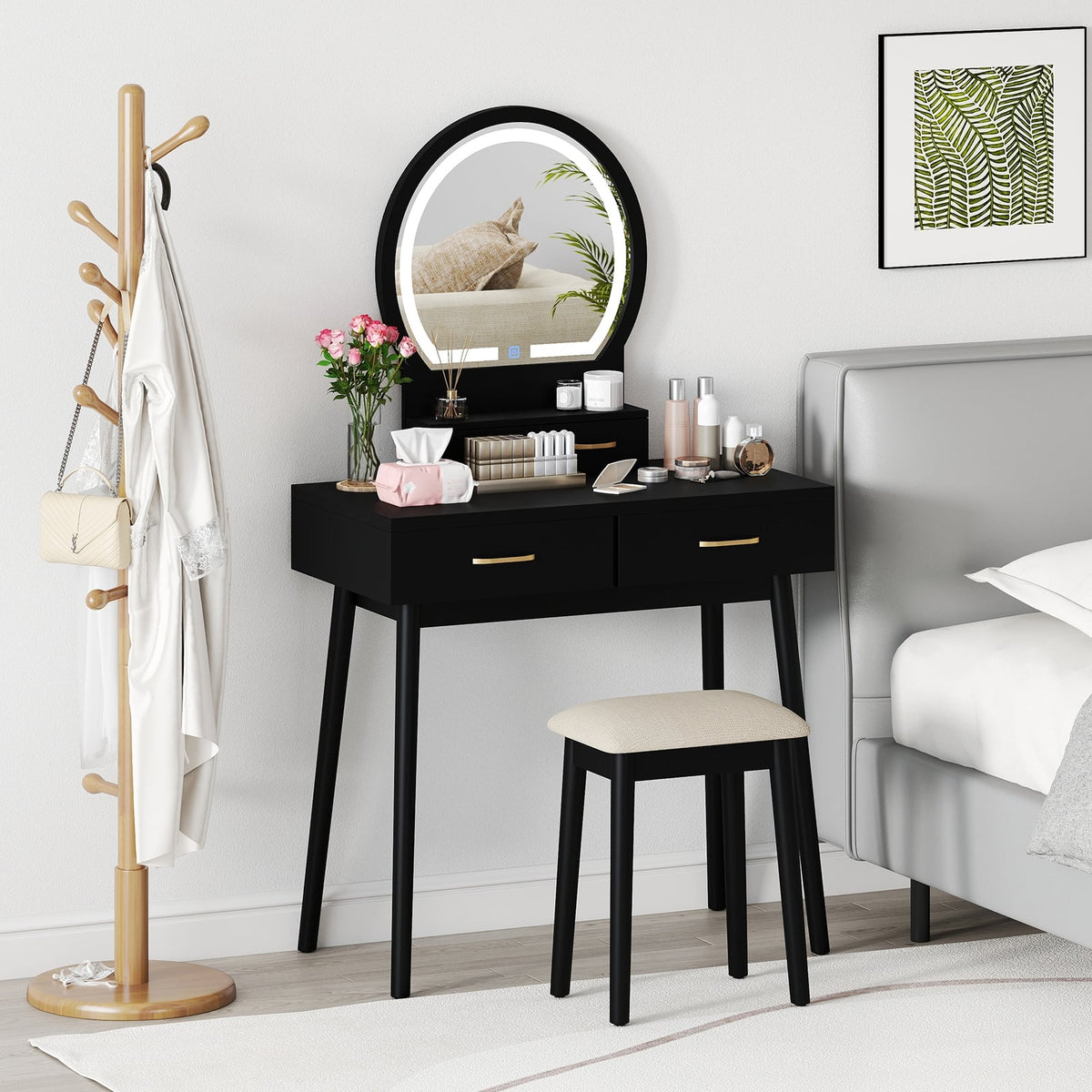 Small Vanity Makeup Dressing Table Set with Cushioned Stool and LED Lighted Mirror-Black-Makeup Vanities-DECOROLALA