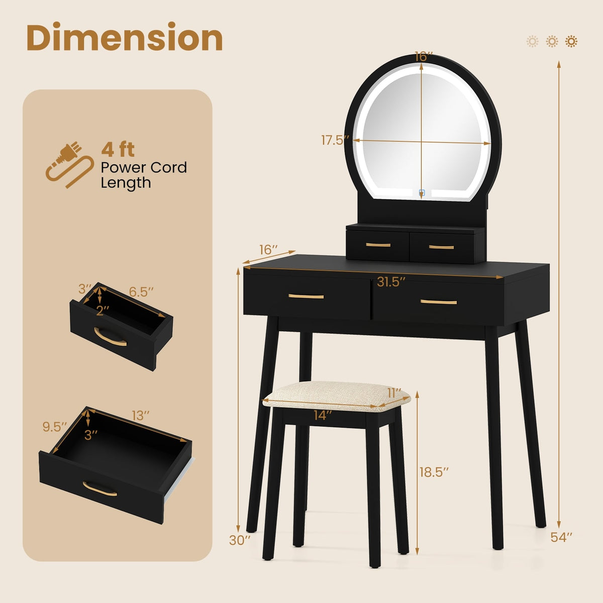 Small Vanity Makeup Dressing Table Set with Cushioned Stool and LED Lighted Mirror-Black-Makeup Vanities-DECOROLALA