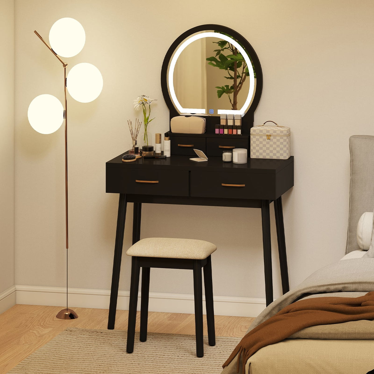 Small Vanity Makeup Dressing Table Set with Cushioned Stool and LED Lighted Mirror-Black-Makeup Vanities-DECOROLALA