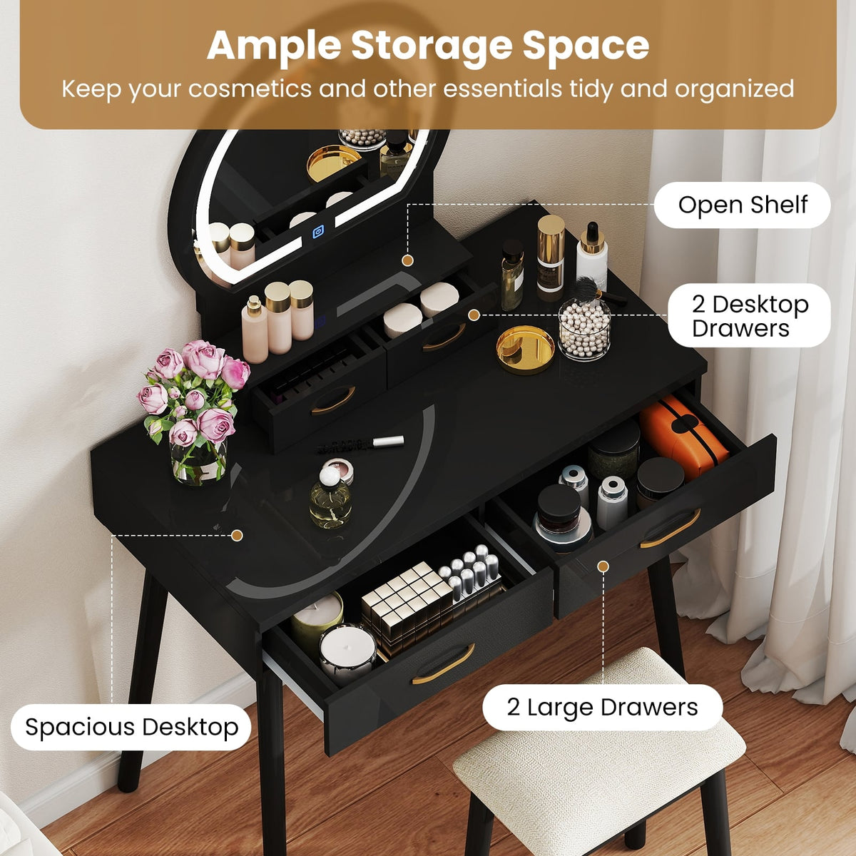 Small Vanity Makeup Dressing Table Set with Cushioned Stool and LED Lighted Mirror-Black-Makeup Vanities-DECOROLALA