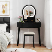 Small Vanity Makeup Dressing Table Set with Cushioned Stool and LED Lighted Mirror-Black-Makeup Vanities-DECOROLALA