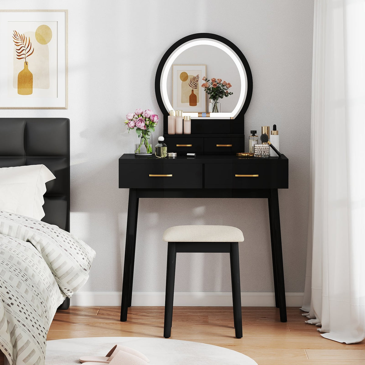 Small Vanity Makeup Dressing Table Set with Cushioned Stool and LED Lighted Mirror-Black-Makeup Vanities-DECOROLALA