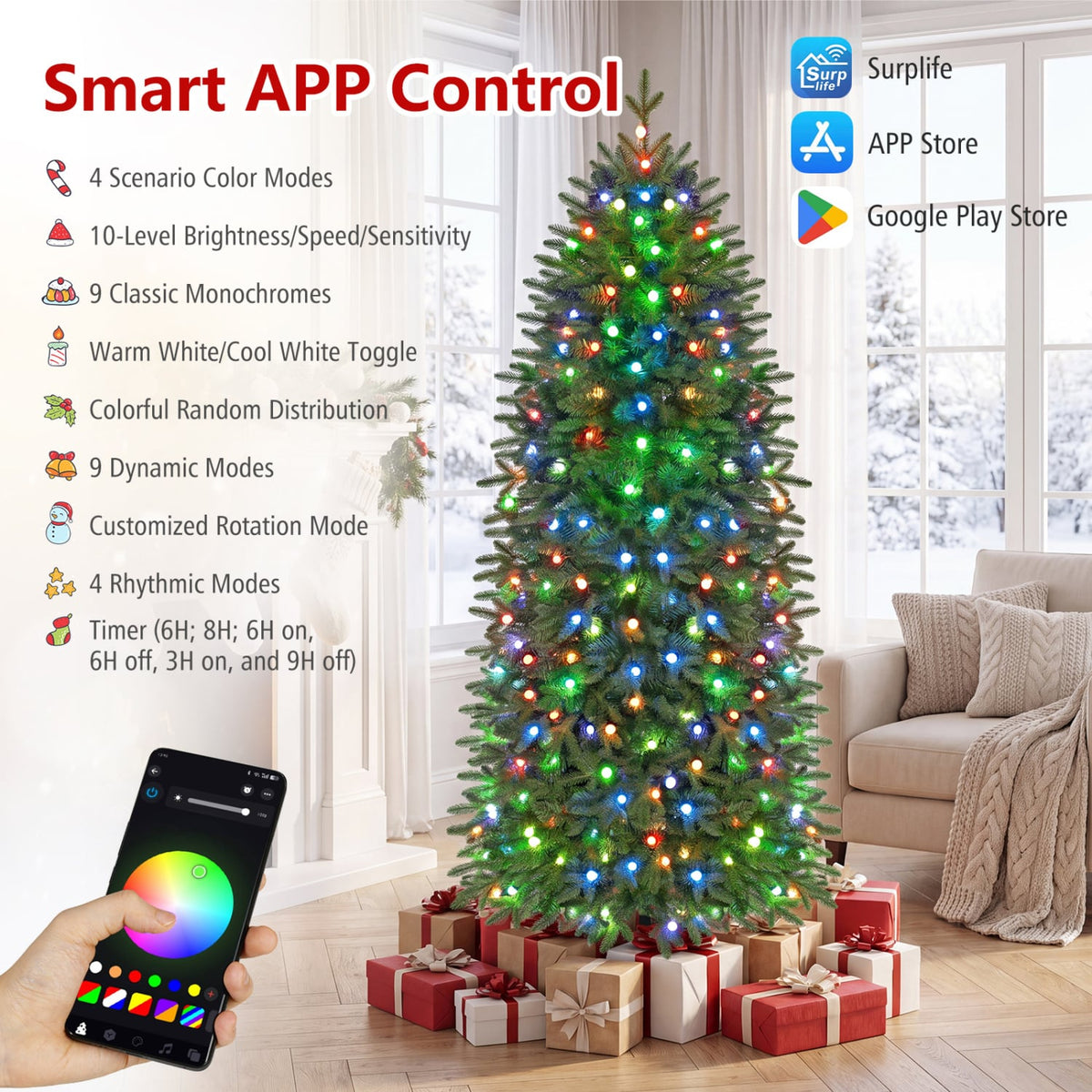 Smart Pencil Christmas Tree with 220 Pre-Lit RGB LED Lights-M-Christmas Trees-DECOROLALA