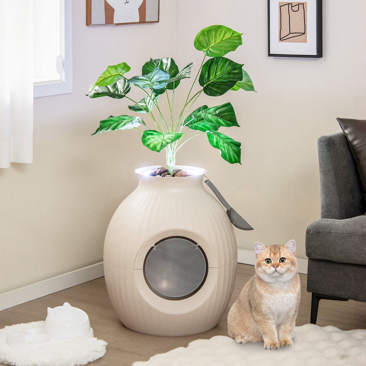Smart Plant Cat Litter Box with Electronic Odor Removal & Sterilization-Beige-Cat Houses-DECOROLALA