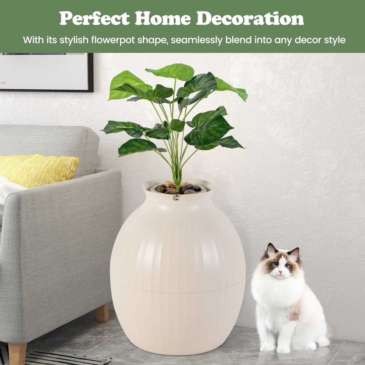 Smart Plant Cat Litter Box with Electronic Odor Removal & Sterilization-Beige-Cat Houses-DECOROLALA