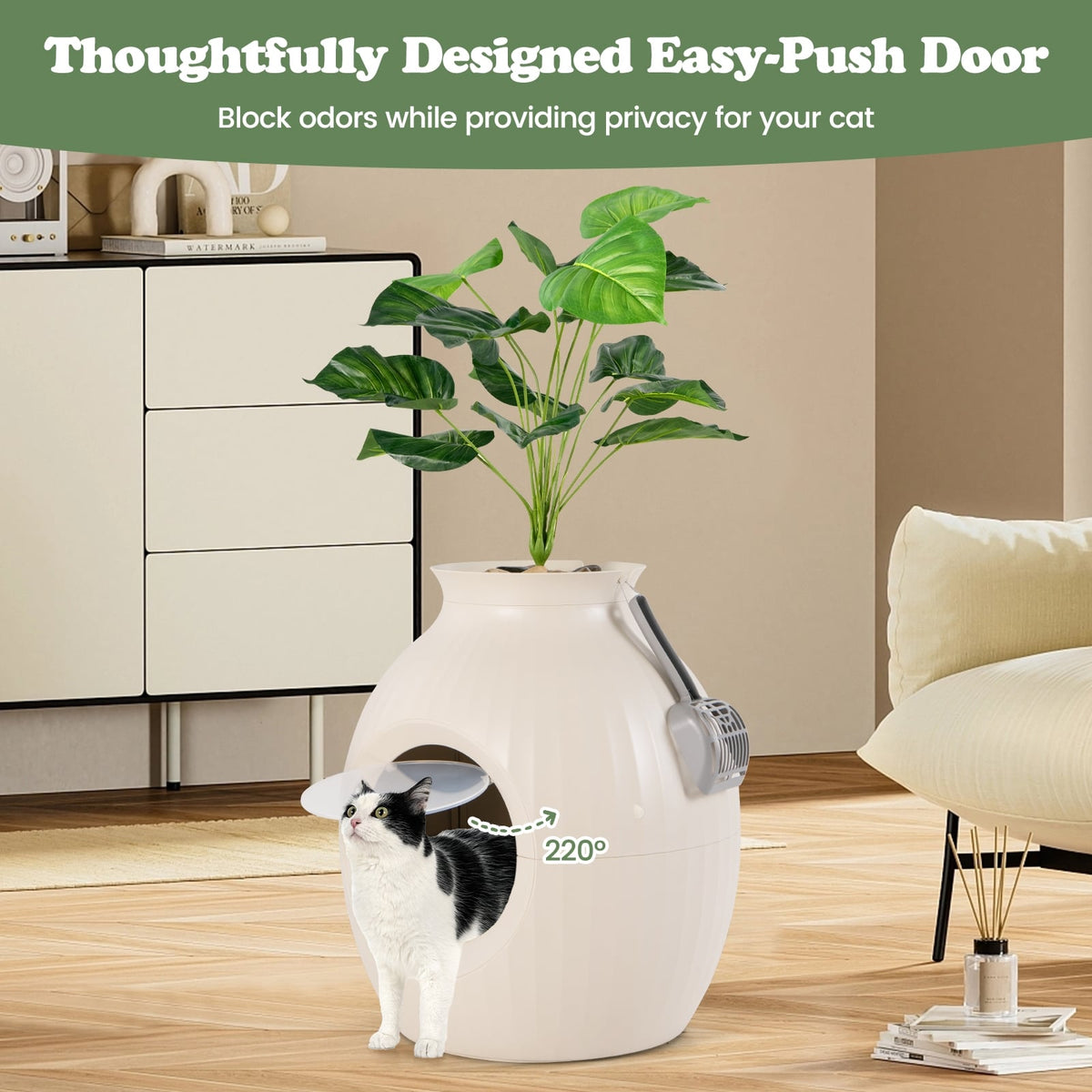 Smart Plant Cat Litter Box with Electronic Odor Removal & Sterilization-Beige-Cat Houses-DECOROLALA