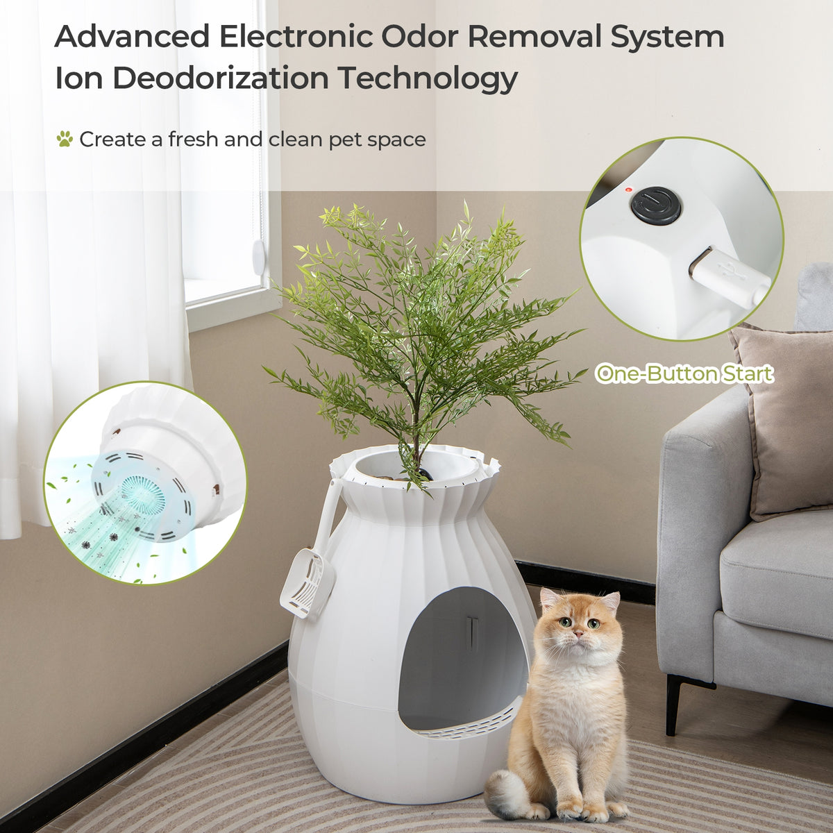 Smart Plant Cat Litter Box with Electronic Odor Removal and Sterilization-White-Cat Supplies-DECOROLALA