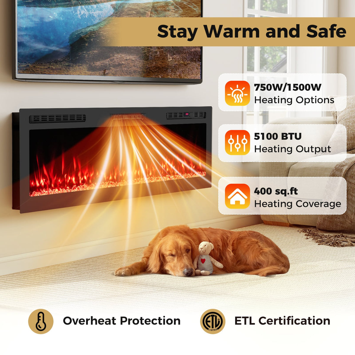 Smart WiFi Electric Fireplace Wall Mounted & Recessed 750W/1500W Heater-60 Inch-Fireplaces-DECOROLALA