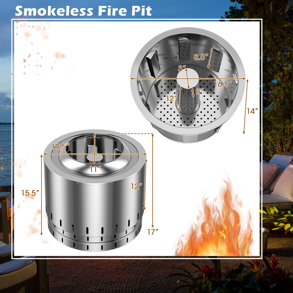 Smokeless Stainless Steel Fire Pit with Ash Pan for Yard Camping-Silver-Fire Pits-DECOROLALA