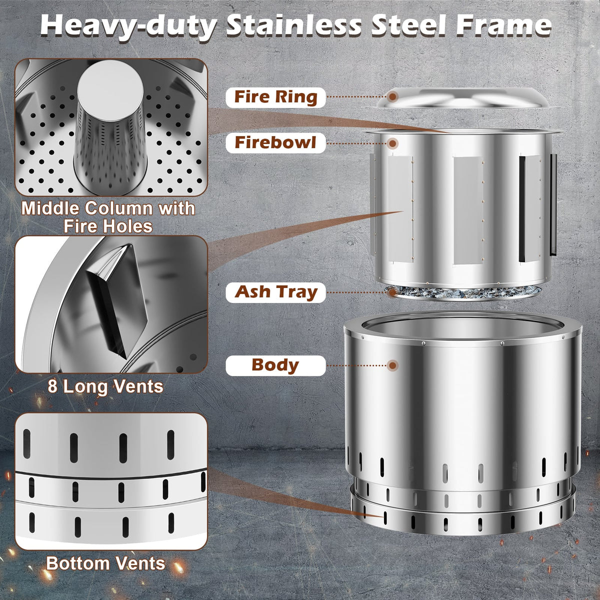 Smokeless Stainless Steel Fire Pit with Ash Pan for Yard Camping-Silver-Fire Pits-DECOROLALA