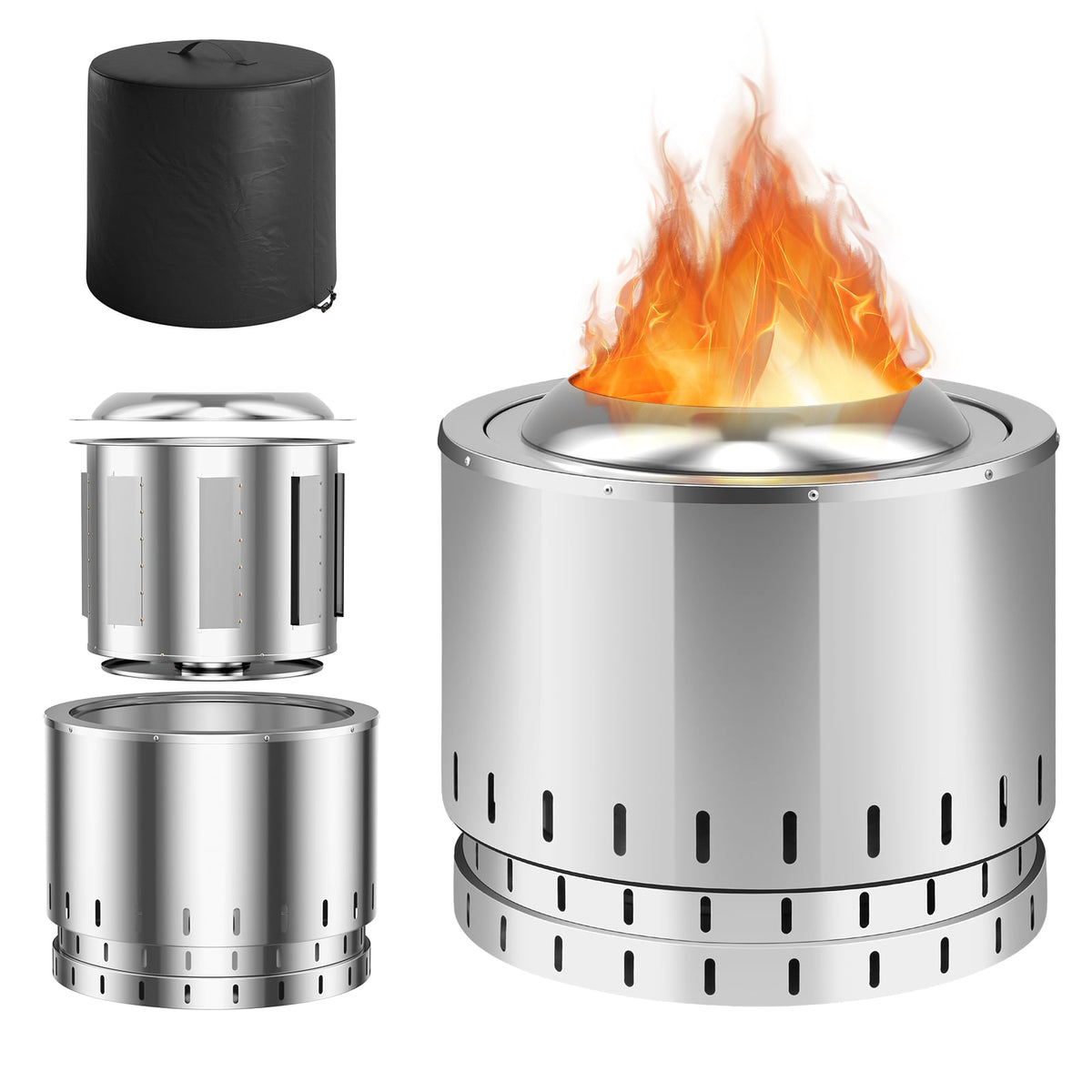 Smokeless Stainless Steel Fire Pit with Ash Pan for Yard Camping-Silver-Fire Pits-DECOROLALA