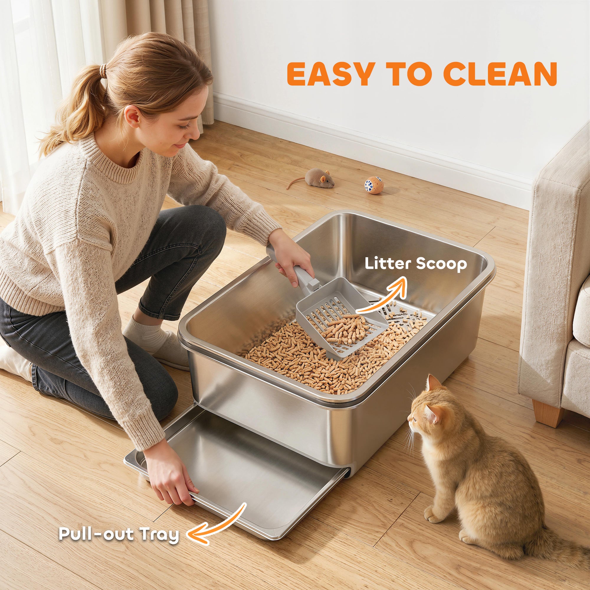 Stainless Steel Litter Box, XL Sifting Cat Litter Box for Medium and Large Cat, Non-Sticky, Odour Free, Easy Clean