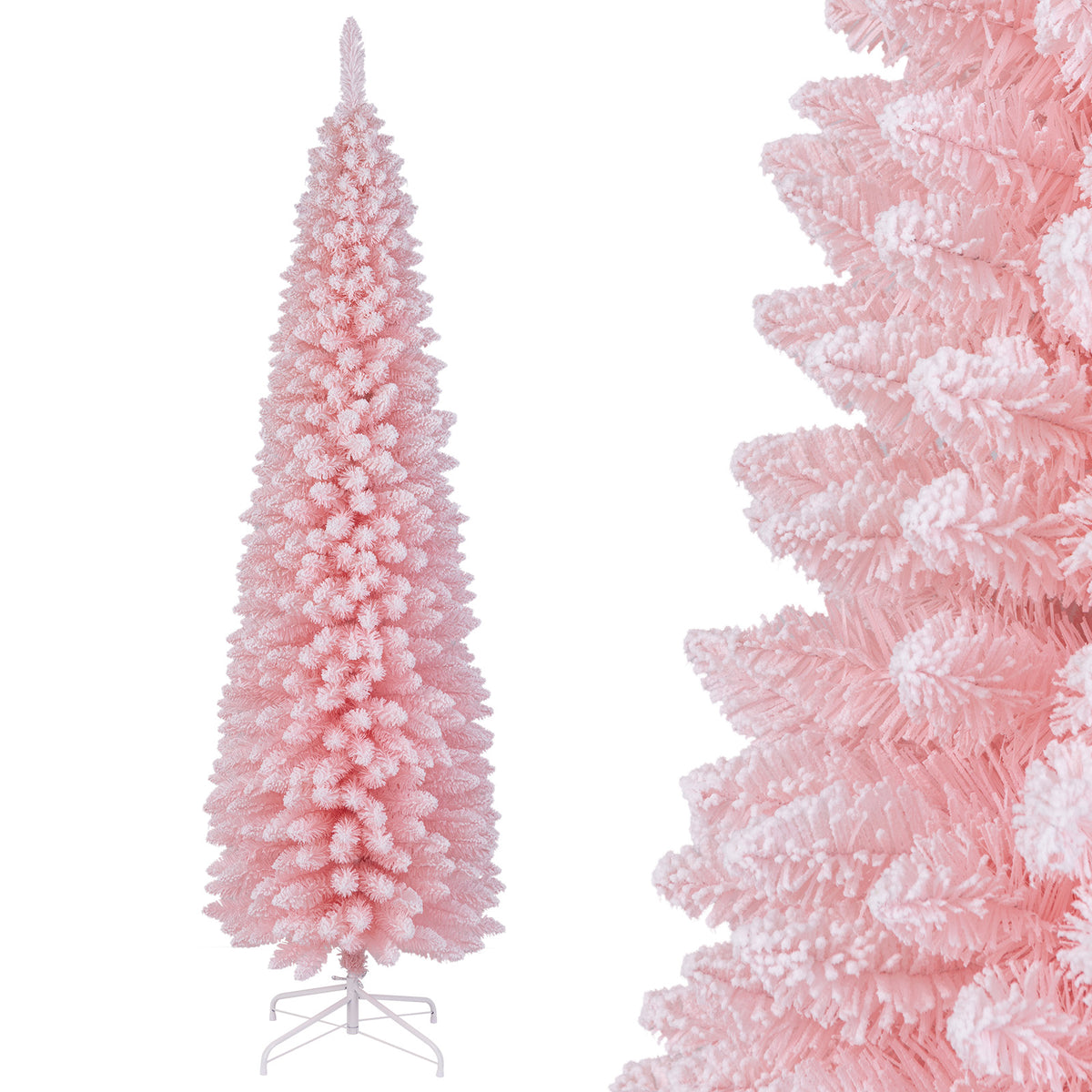 Snow Flocked 7 FT Artificial Pink Xmas Tree with 635 Branch Tips-Christmas Trees-DECOROLALA