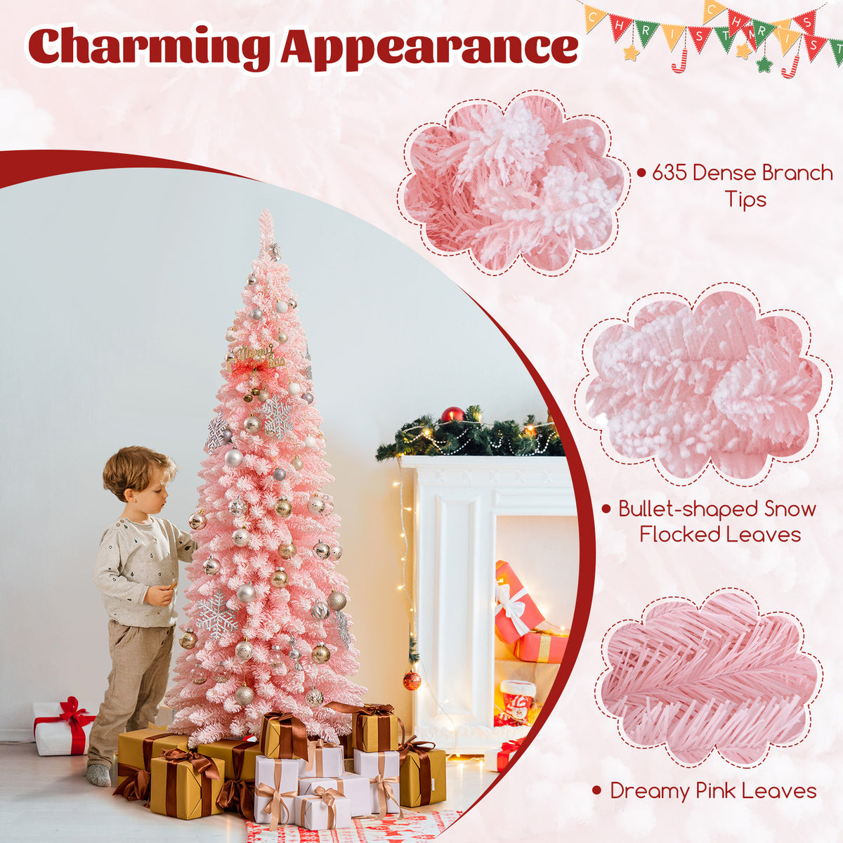 Snow Flocked 7 FT Artificial Pink Xmas Tree with 635 Branch Tips-Christmas Trees-DECOROLALA